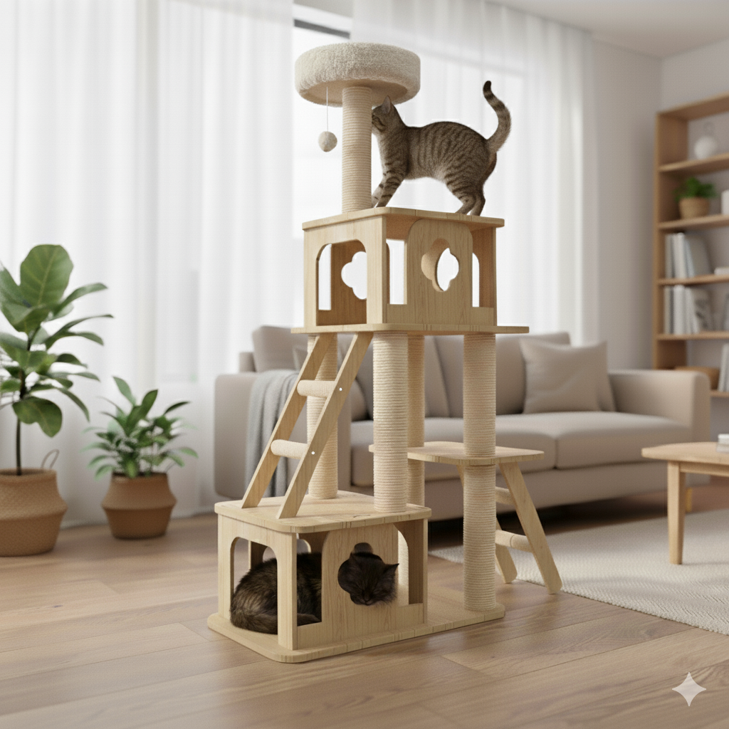 WoodNest™ – Arbre à chat en bois avec condos, griffoirs en sisal & jouets intégrés