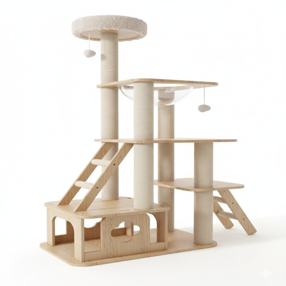 WoodNest™ – Arbre à chat en bois avec condos, griffoirs en sisal & jouets intégrés