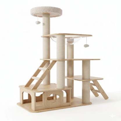 WoodNest™ – Arbre à chat en bois avec condos, griffoirs en sisal & jouets intégrés