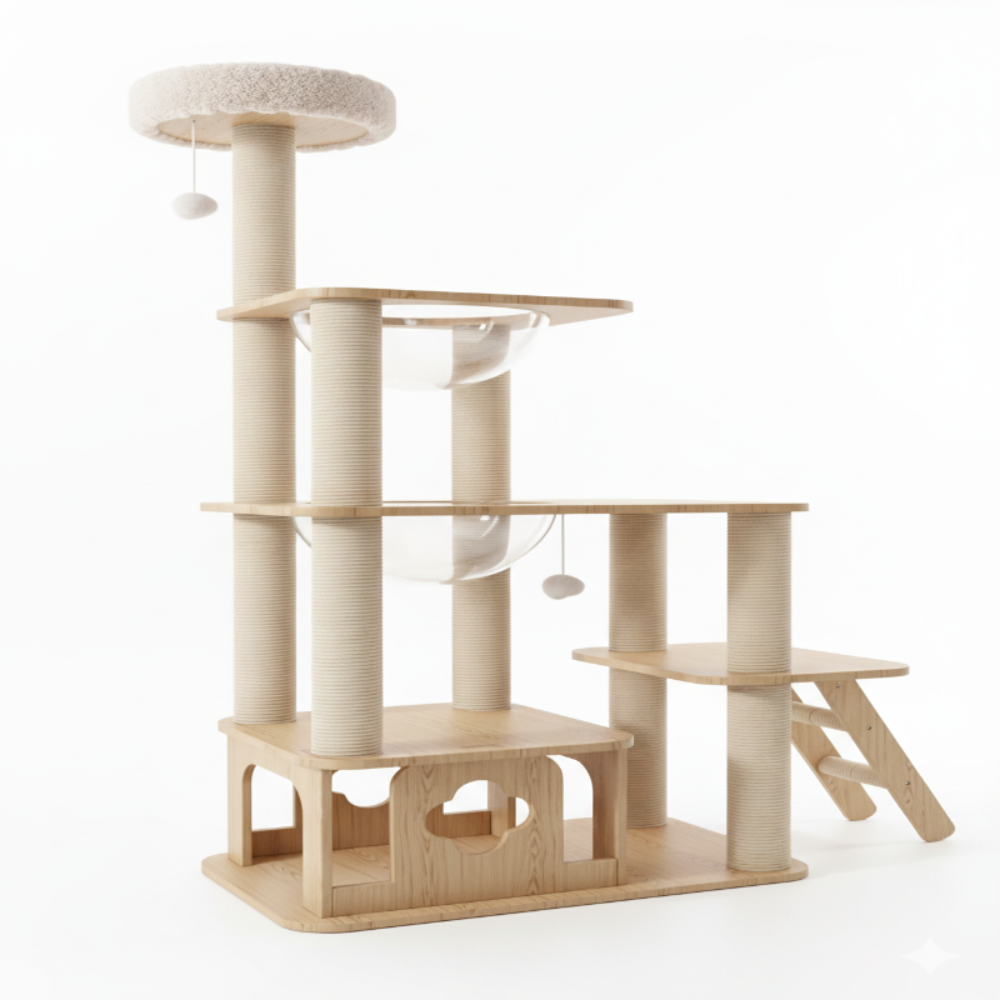 WoodNest™ – Arbre à chat en bois avec condos, griffoirs en sisal & jouets intégrés