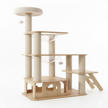 WoodNest™ – Arbre à chat en bois avec condos, griffoirs en sisal & jouets intégrés