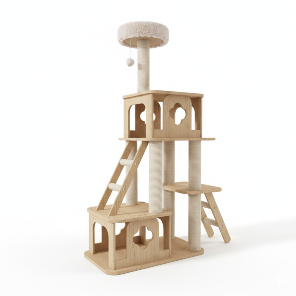 WoodNest™ – Arbre à chat en bois avec condos, griffoirs en sisal & jouets intégrés