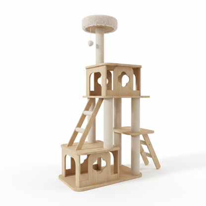 WoodNest™ – Arbre à chat en bois avec condos, griffoirs en sisal & jouets intégrés