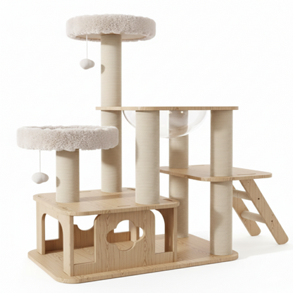 WoodNest™ – Arbre à chat en bois avec condos, griffoirs en sisal & jouets intégrés