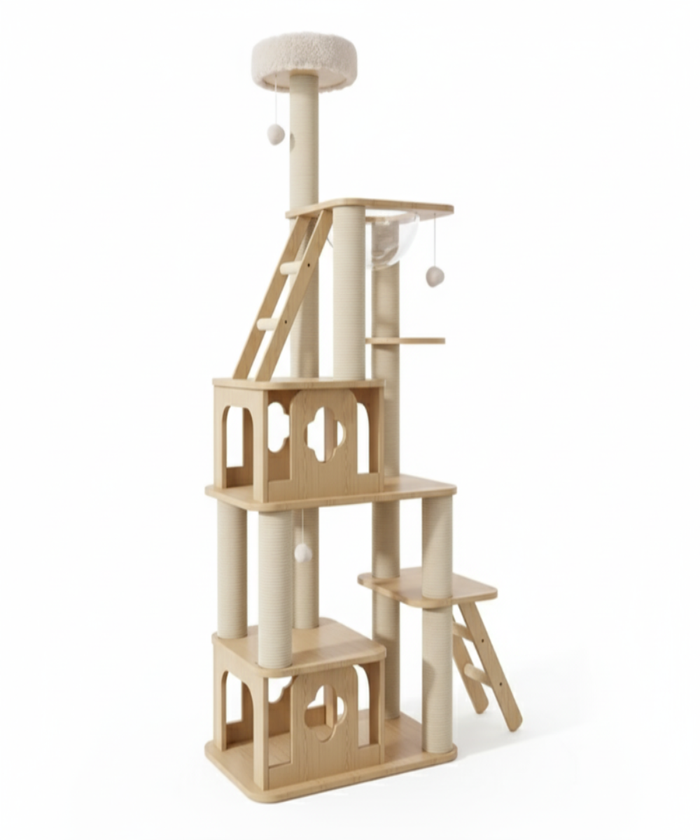 WoodNest™ – Arbre à chat en bois avec condos, griffoirs en sisal & jouets intégrés