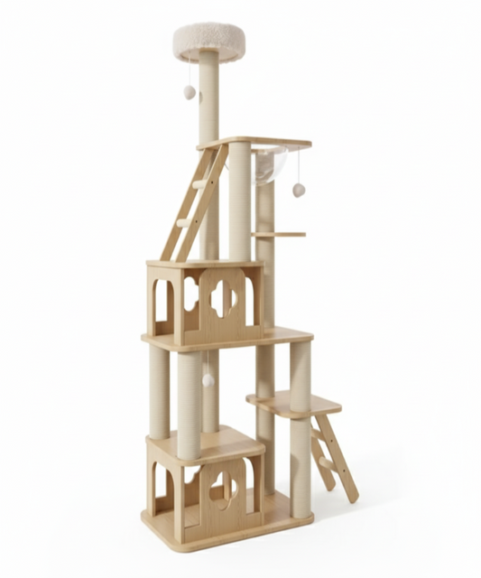 WoodNest™ – Arbre à chat en bois avec condos, griffoirs en sisal & jouets intégrés