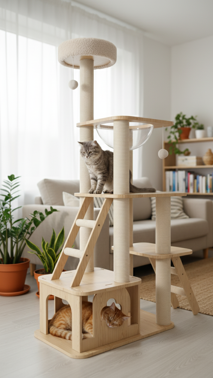 WoodNest™ – Arbre à chat en bois avec condos, griffoirs en sisal & jouets intégrés