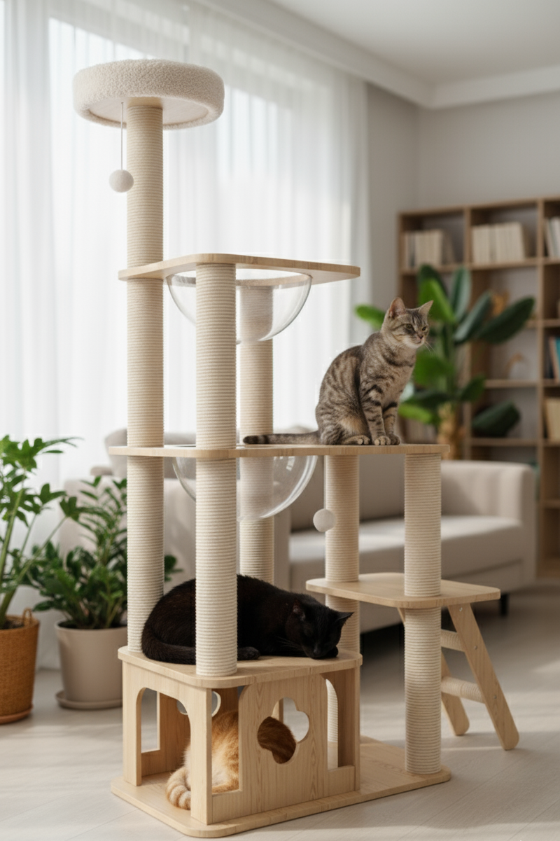 WoodNest™ – Arbre à chat en bois avec condos, griffoirs en sisal & jouets intégrés