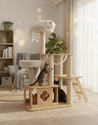 WoodNest™ – Arbre à chat en bois avec condos, griffoirs en sisal & jouets intégrés