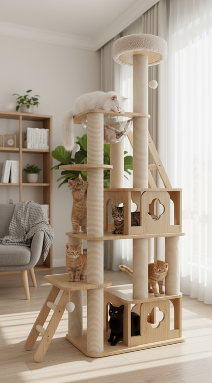 WoodNest™ – Arbre à chat en bois avec condos, griffoirs en sisal & jouets intégrés