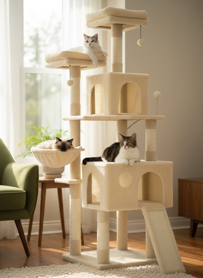 Horizon™ – Arbre à chat moderne multi-niveaux en bois naturel