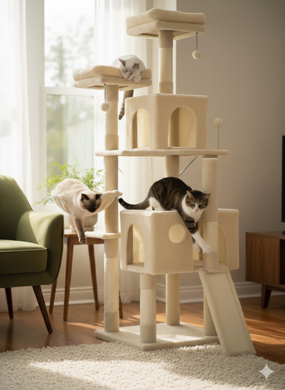 Horizon™ – Arbre à chat moderne multi-niveaux en bois naturel