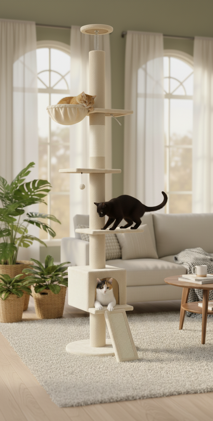 Skyline™ – Arbre à chat design multi-niveaux en bois naturel