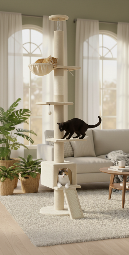 Skyline™ – Arbre à chat design multi-niveaux en bois naturel