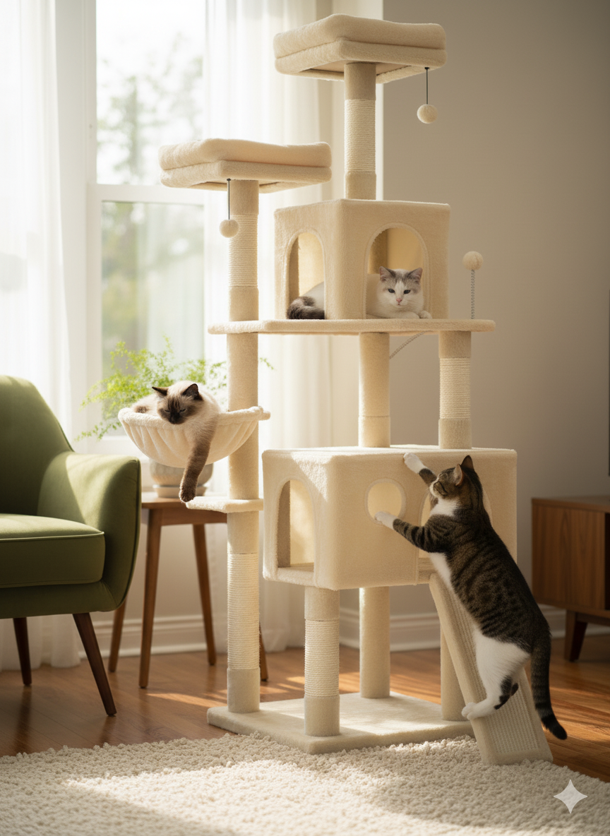 Horizon™ – Arbre à chat moderne multi-niveaux en bois naturel